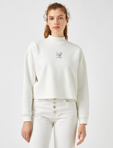 Crop Mock Neck Graphic Sweatshirt in White - Usolo Outfitters-KOTON