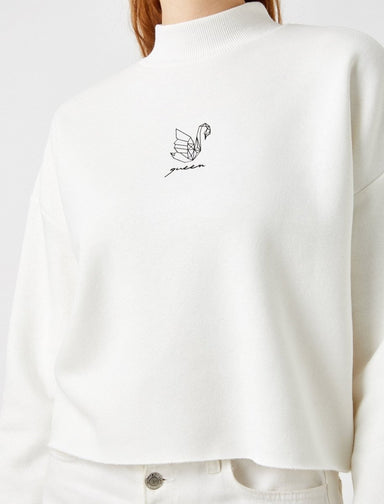Crop Mock Neck Graphic Sweatshirt in White - Usolo Outfitters-KOTON