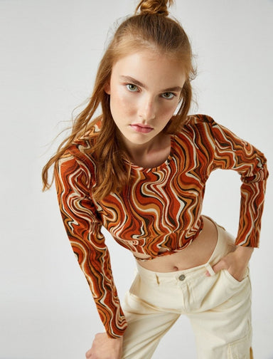 Long Sleeve Crop Top in Orange Swirl - Usolo Outfitters-KOTON
