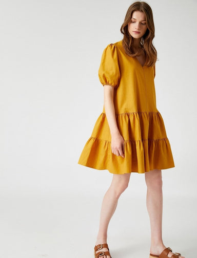 Puff Sleeve Mini Dress in Mustard - Usolo Outfitters-KOTON