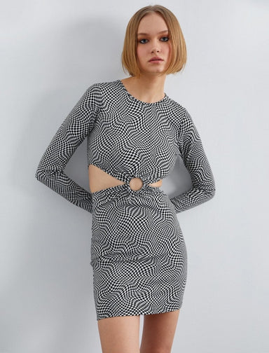 Waist Cut Out Mini Bodycon Dress in Checkboard - Usolo Outfitters-KOTON