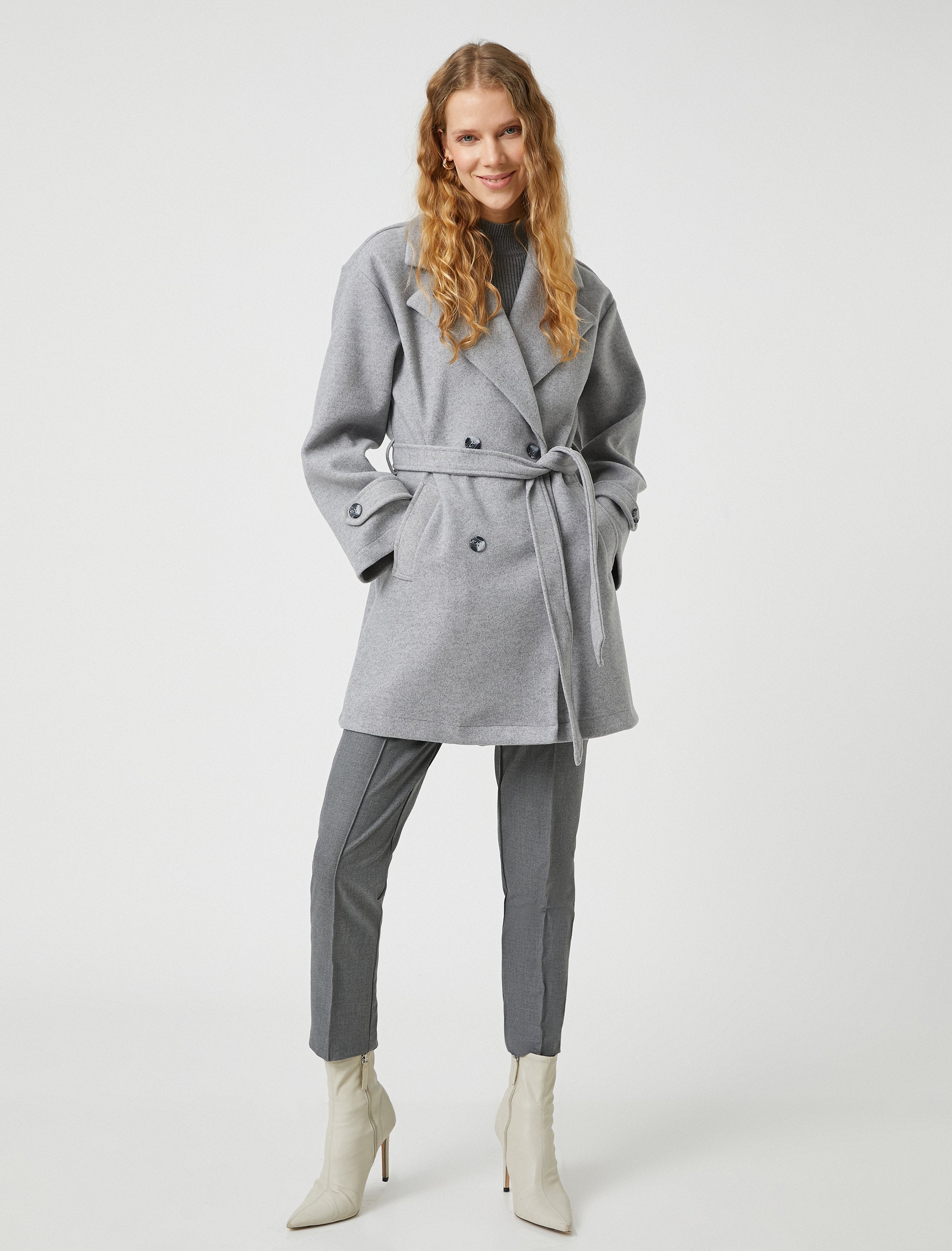  Women's Wrapped Waistbanded Coat in Grey