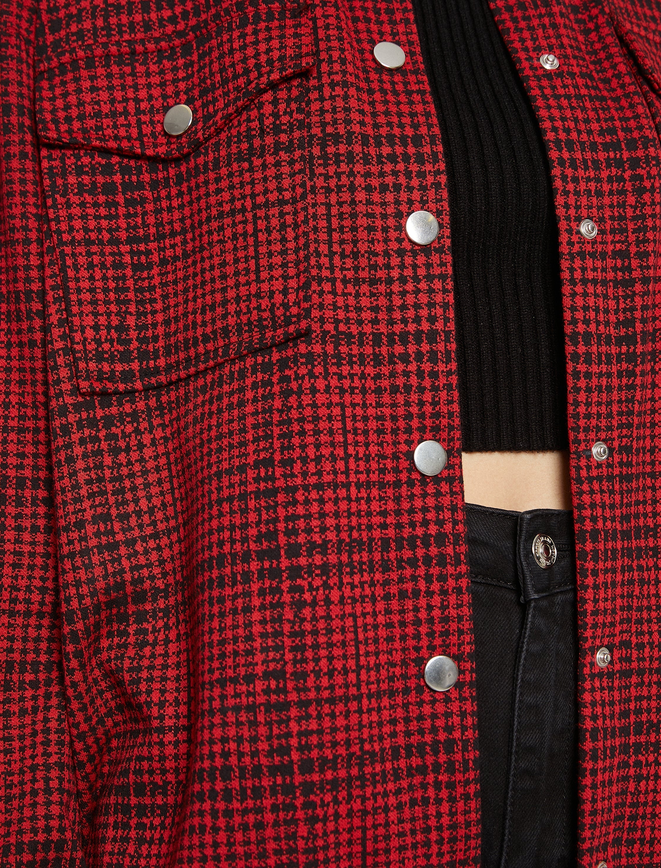 Women's Red Checked Pocket Snap Button Shacket