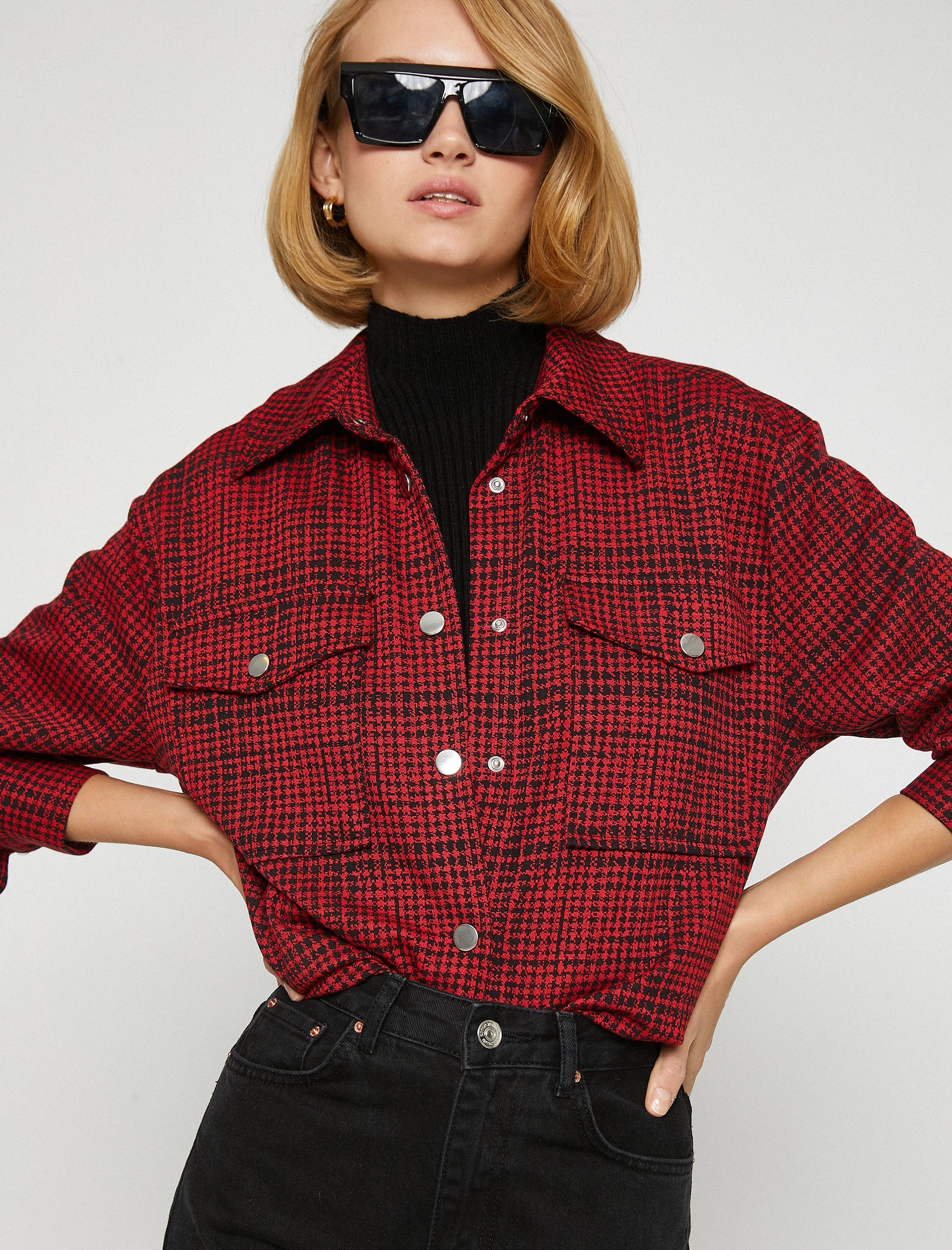 Women's Red Checked Pocket Snap Button Shacket