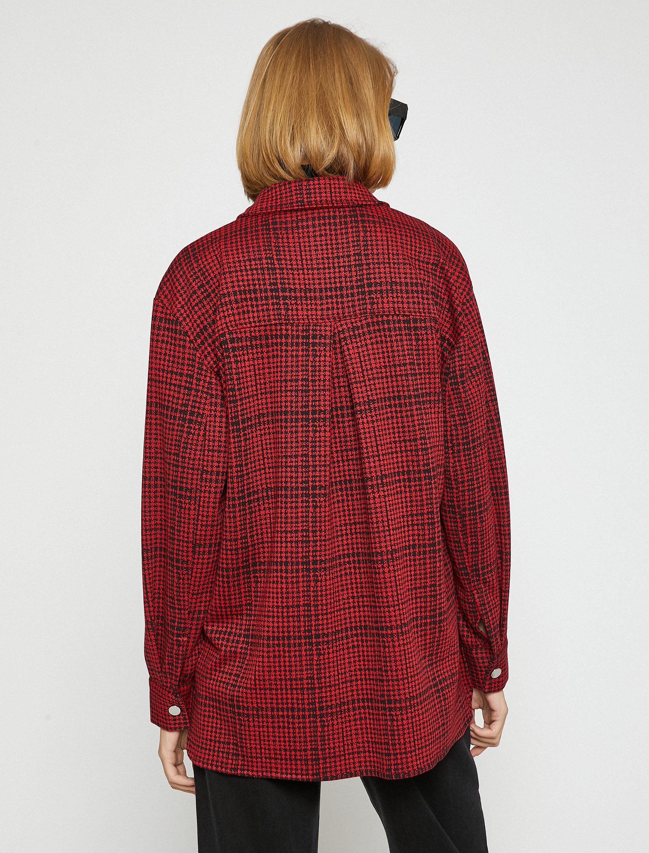 Women's Red Checked Pocket Snap Button Shacket