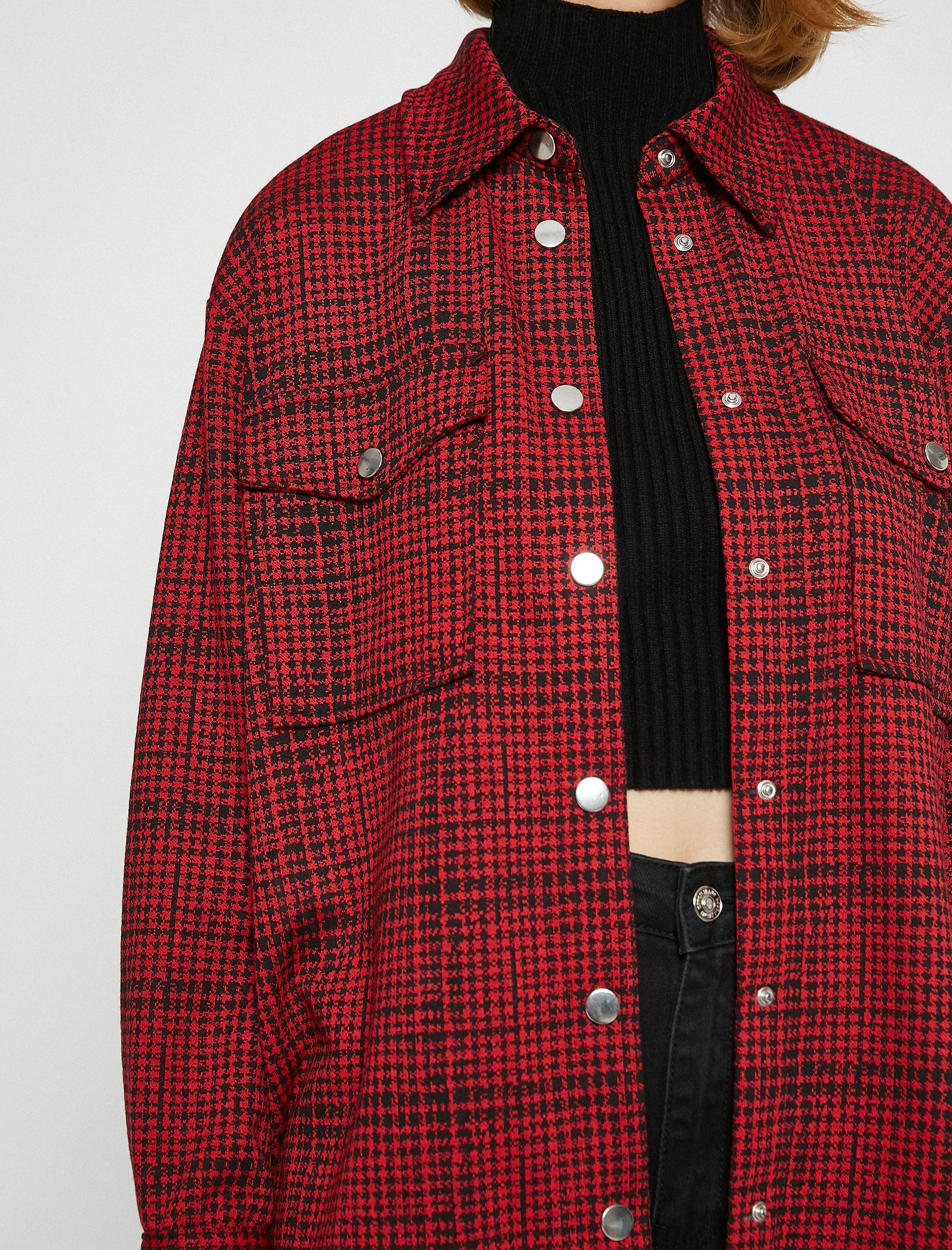 Women's Red Checked Pocket Snap Button Shacket
