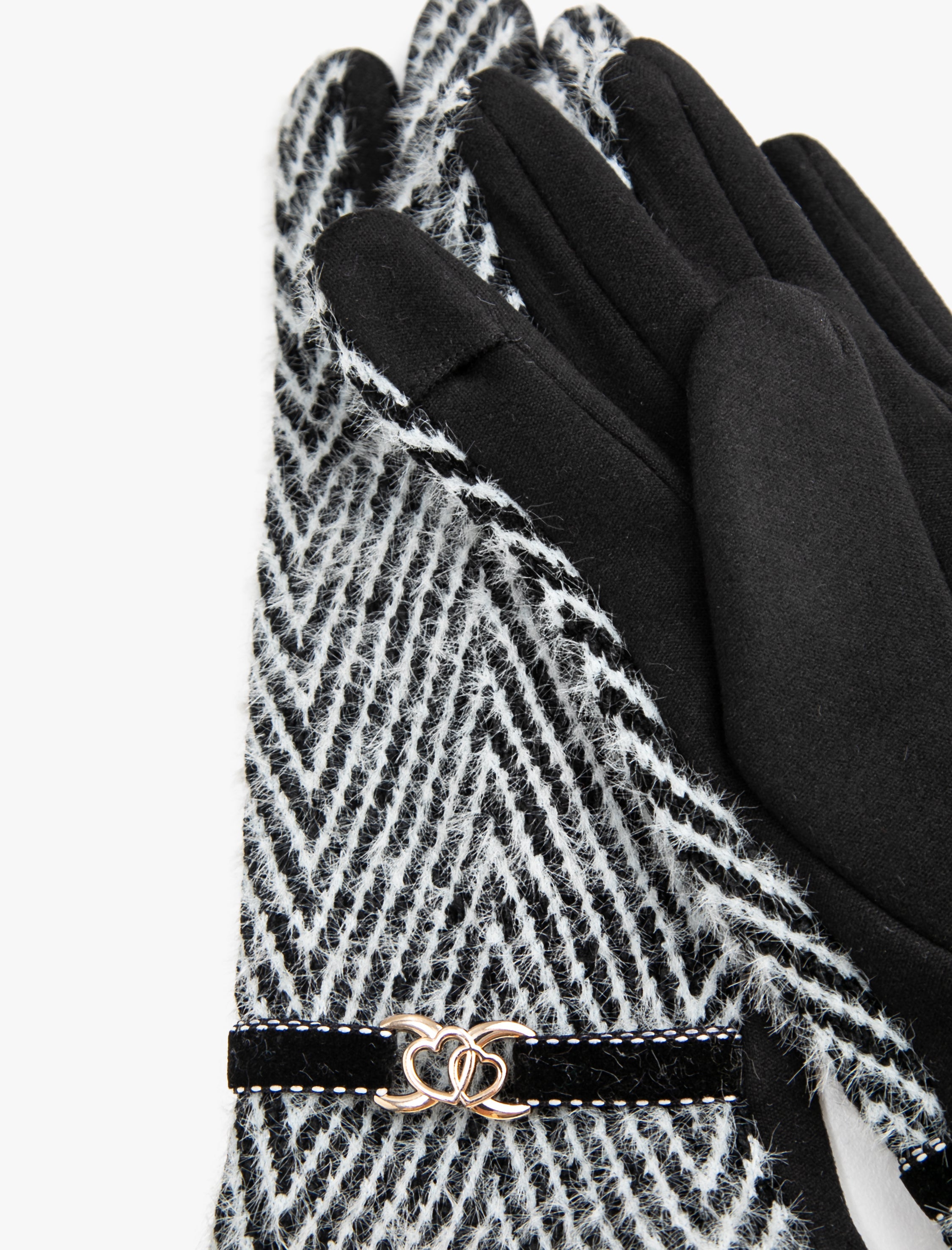 Women's Black Herringbone Felted Gloves with Buckle