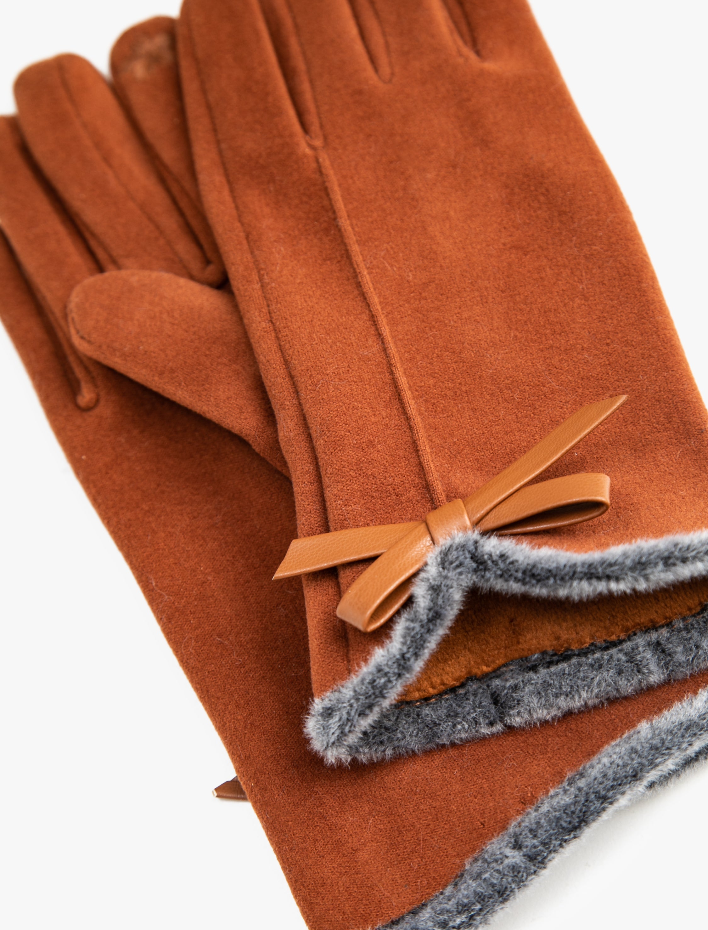 Women's Brown Suede Gloves with Bow