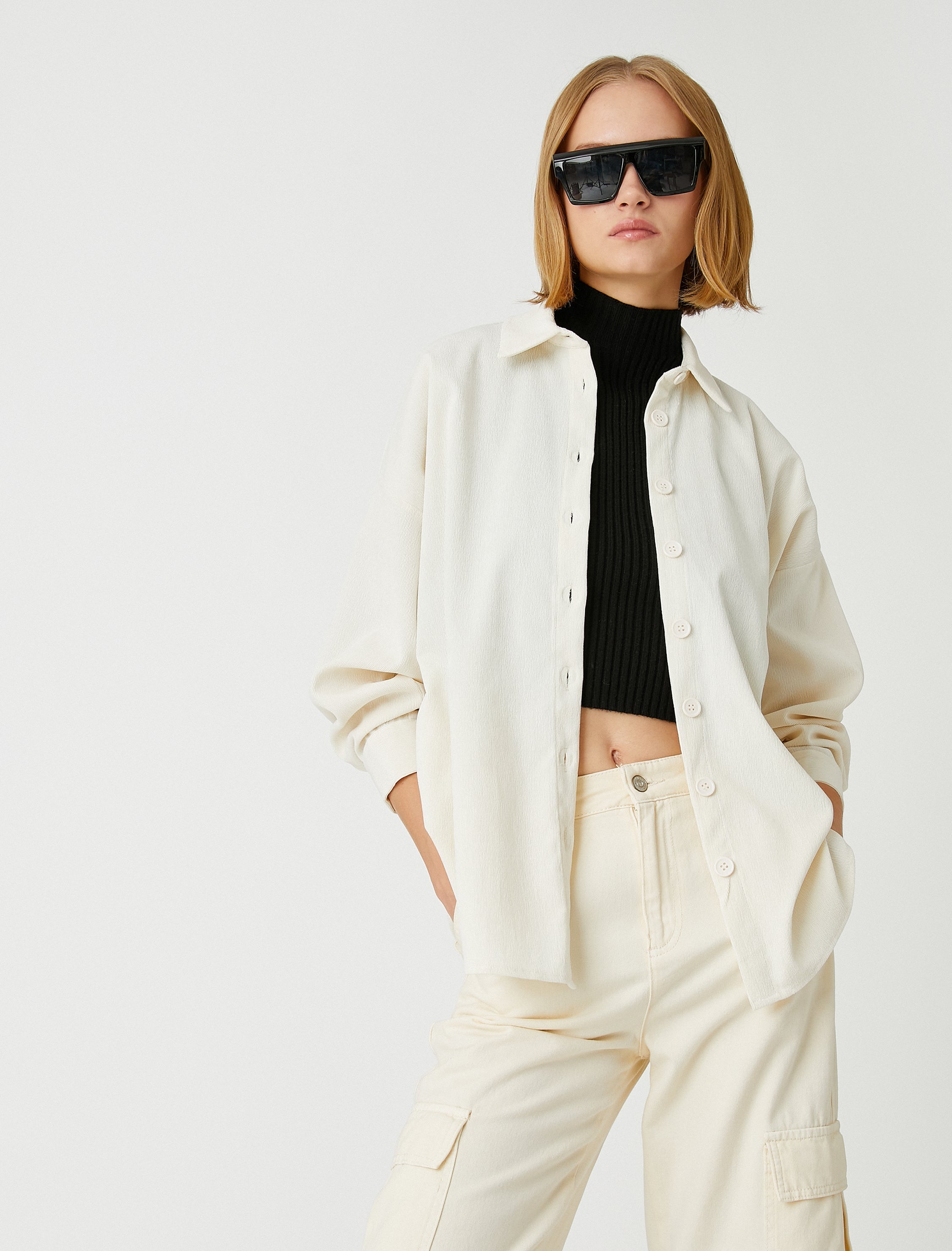 Women's Cream Oversized Cord Shacket