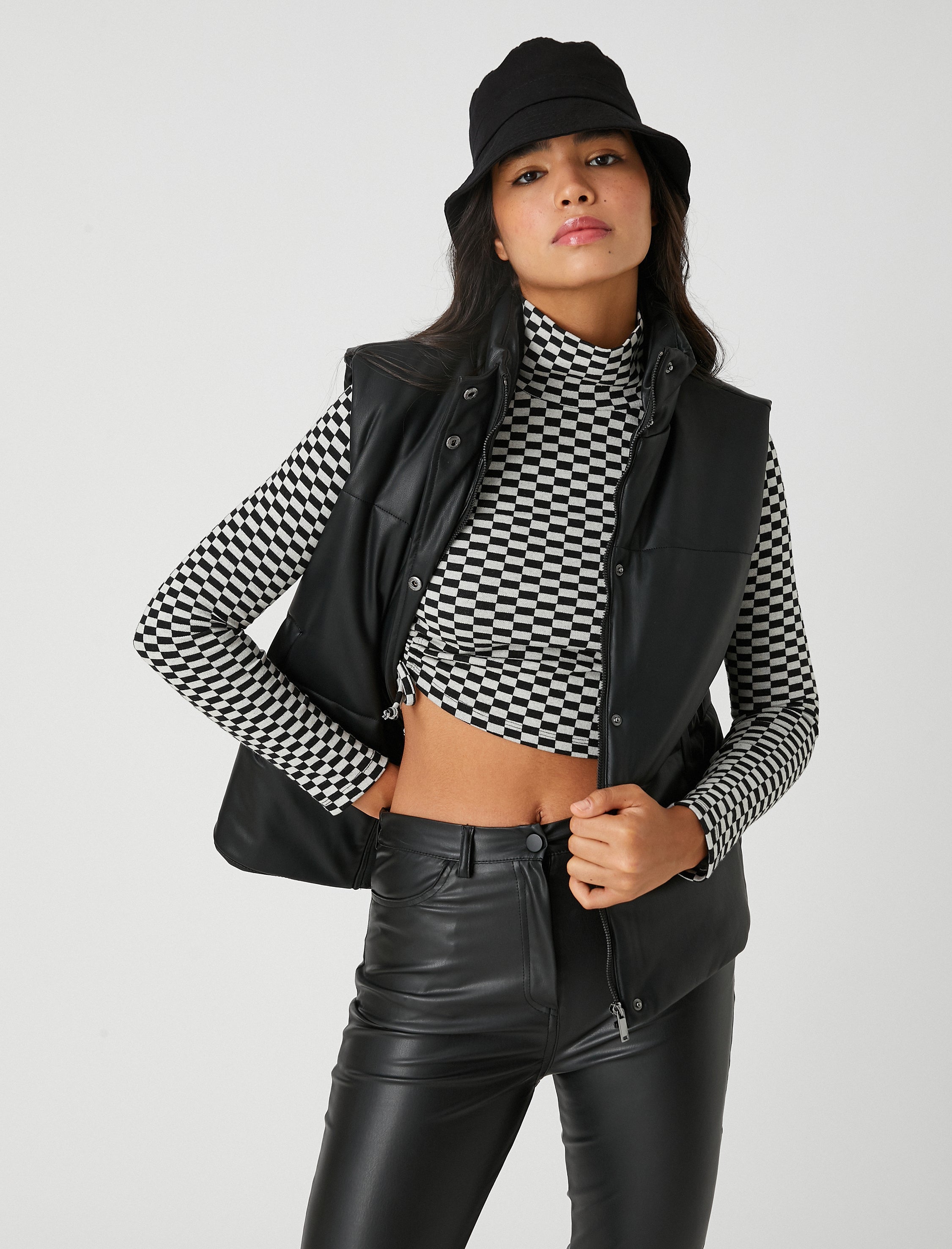 Women's Vegan Leather Puffer Vest in Black