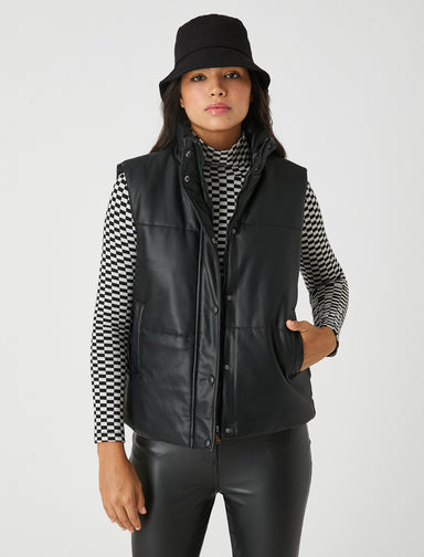 Women's Vegan Leather Puffer Vest in Black