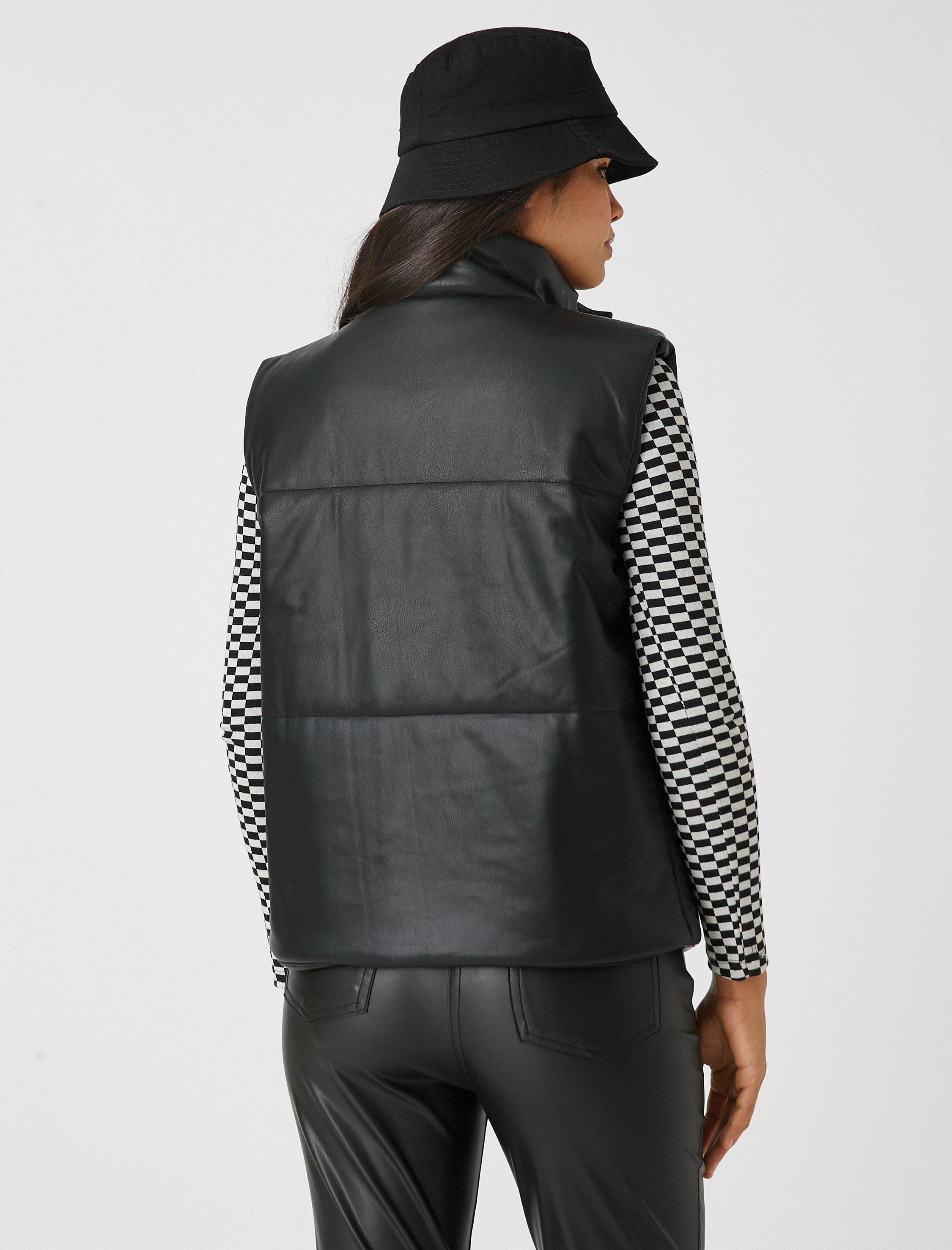 Women's Vegan Leather Puffer Vest in Black