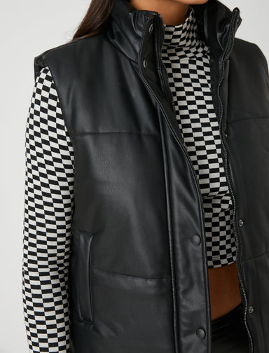 Women's Vegan Leather Puffer Vest in Black