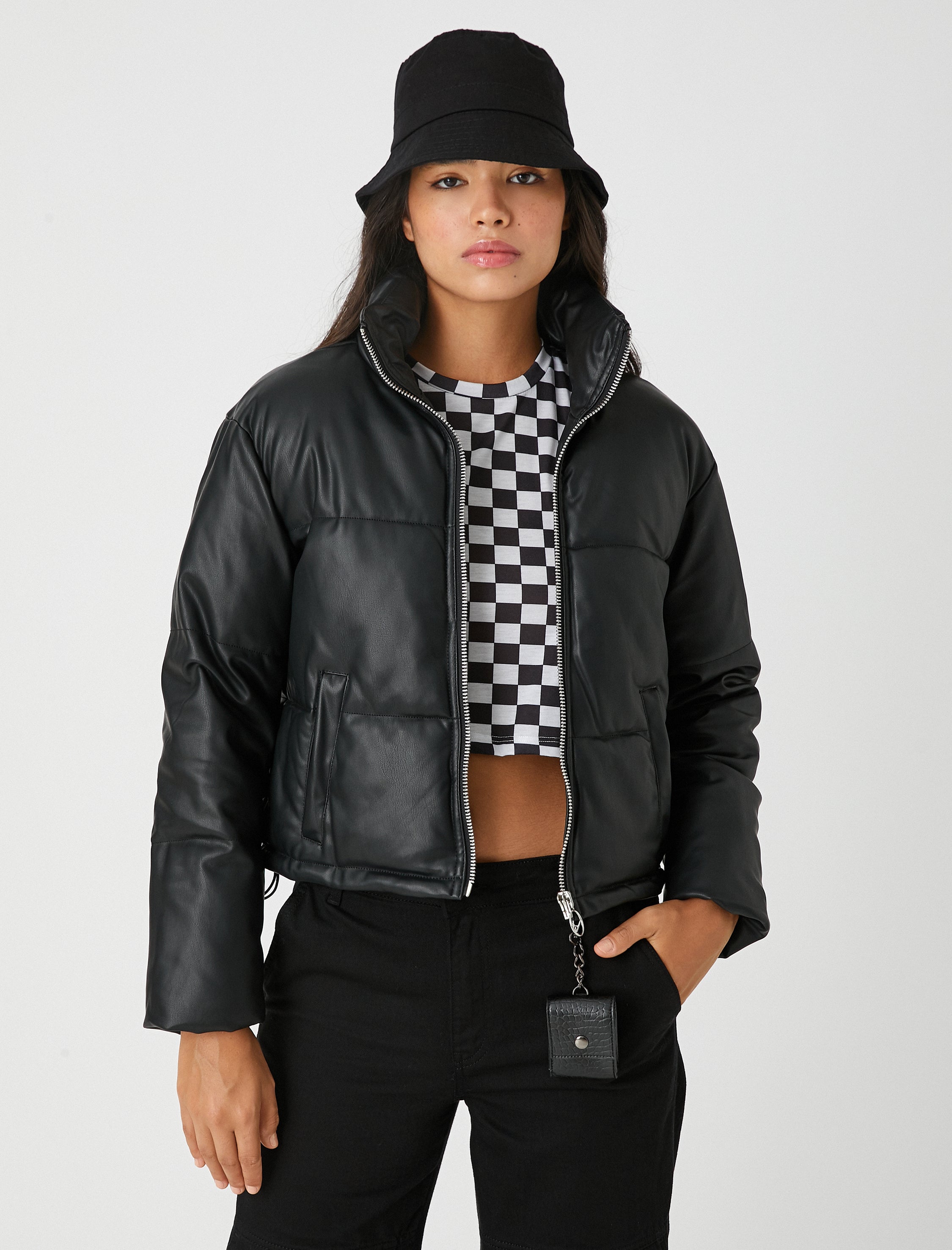 Women's Vegan Leather Puffer Jacket in Black