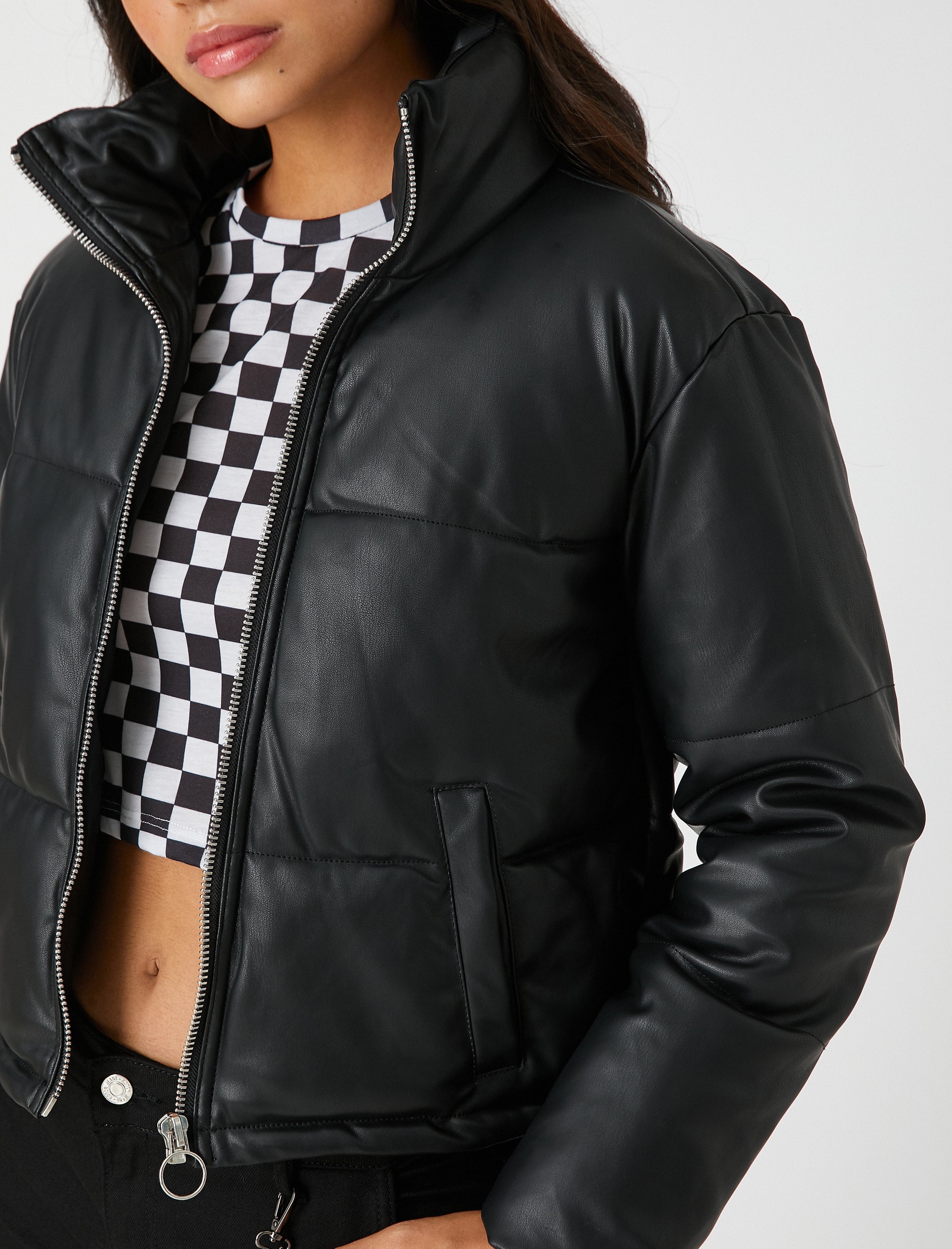 Women's Vegan Leather Puffer Jacket in Black