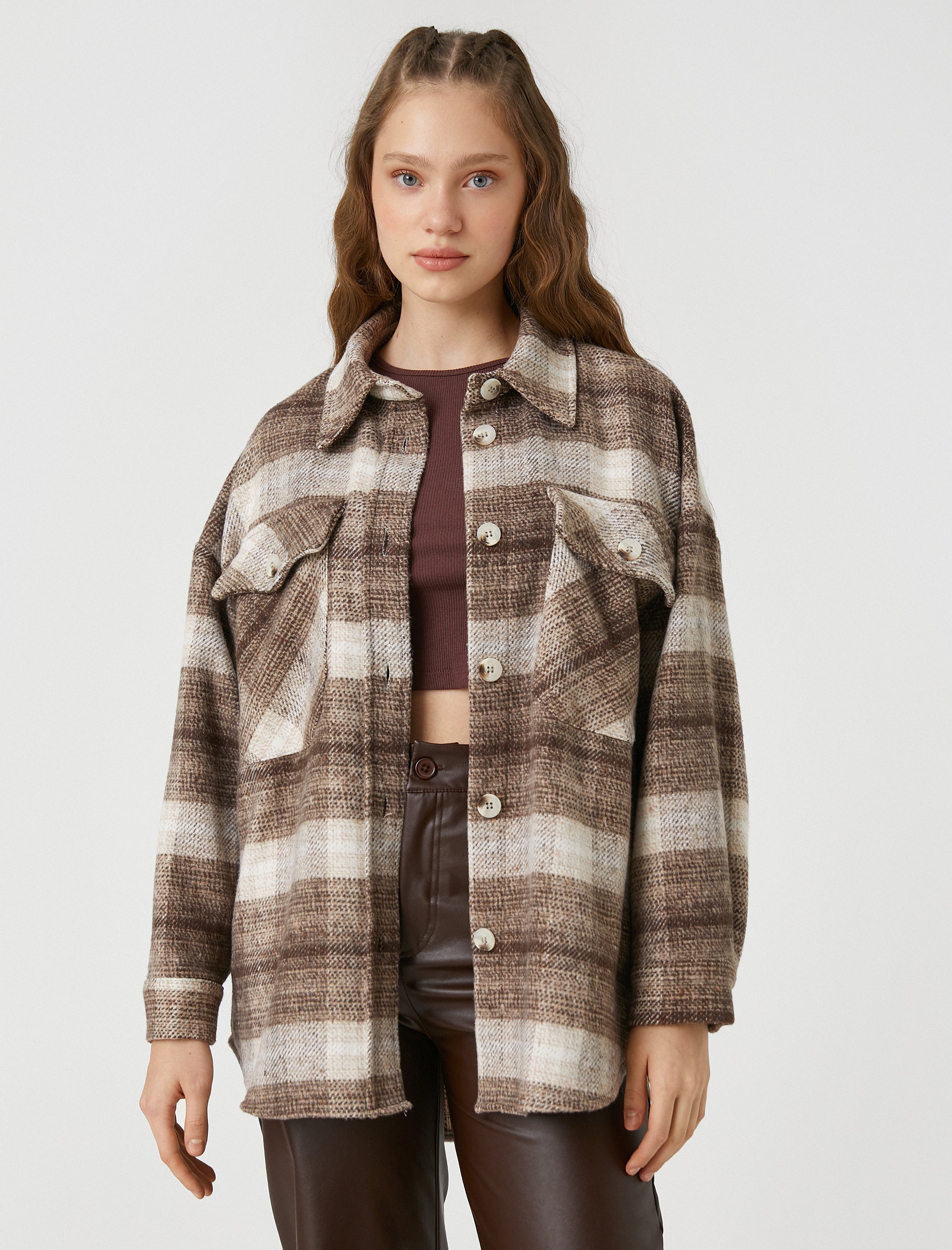 Women's Plaid Overshirt Shacket in Mocha