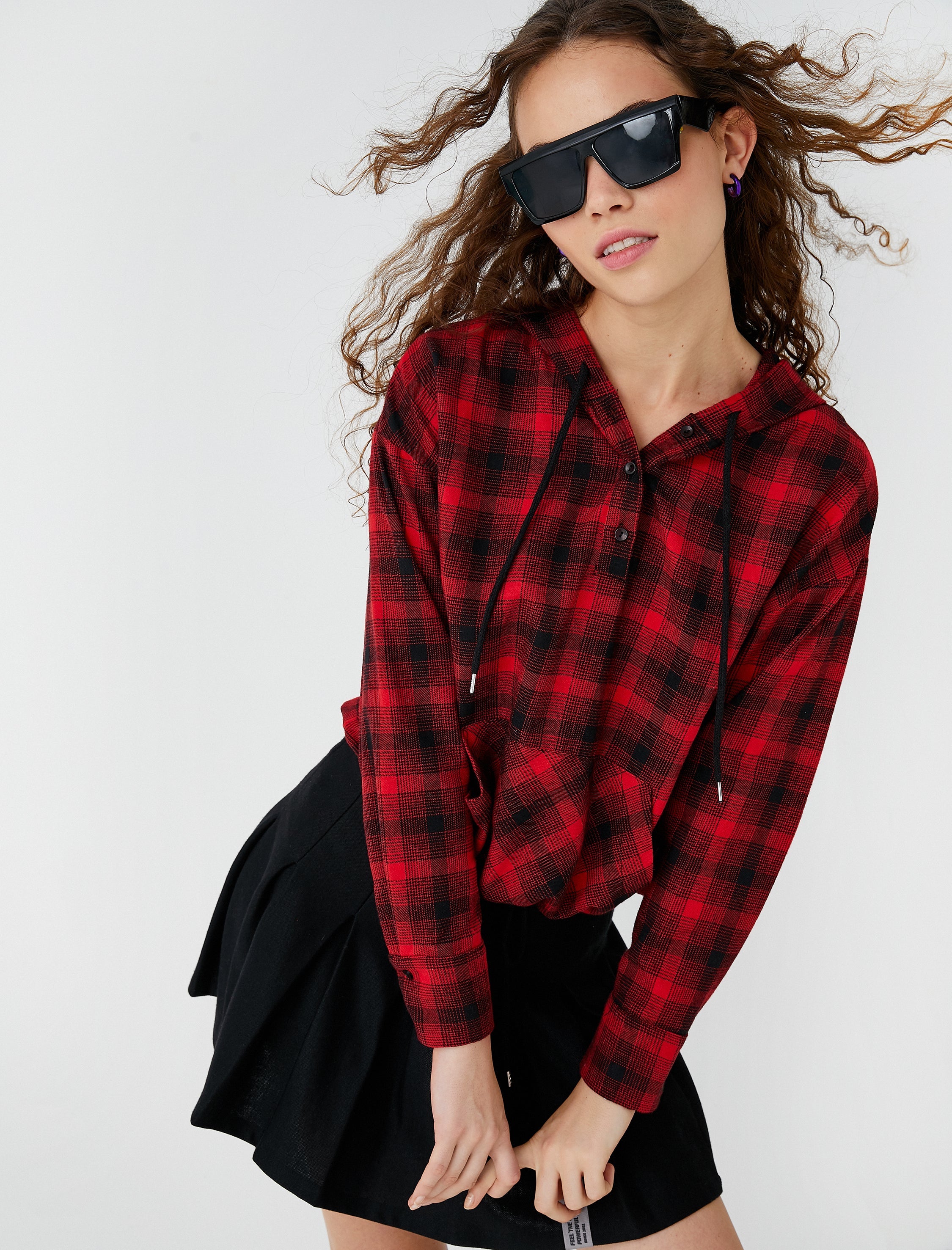 Women's Red Plaid Hooded Flannel Shirt