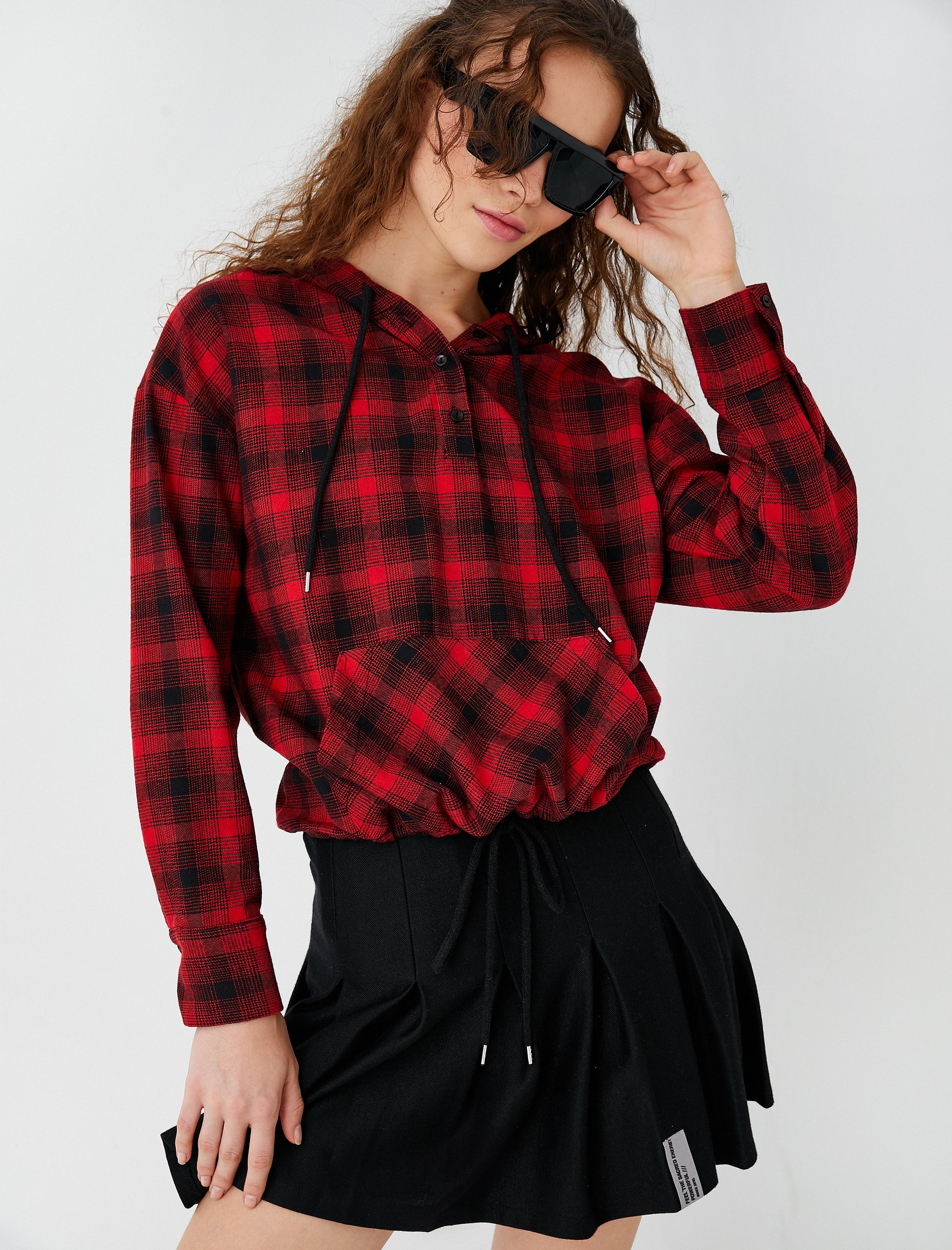 Women's Red Plaid Hooded Flannel Shirt