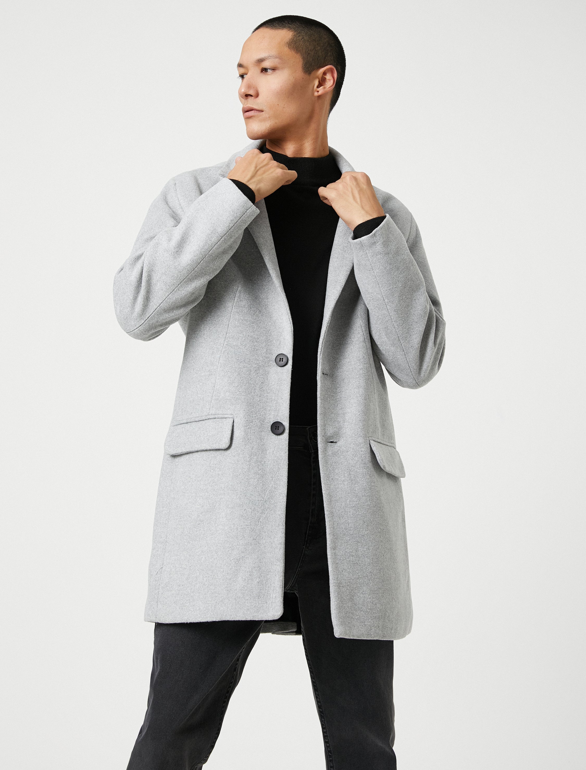 Men's Classic Grey Overcoat with Notch Lapel