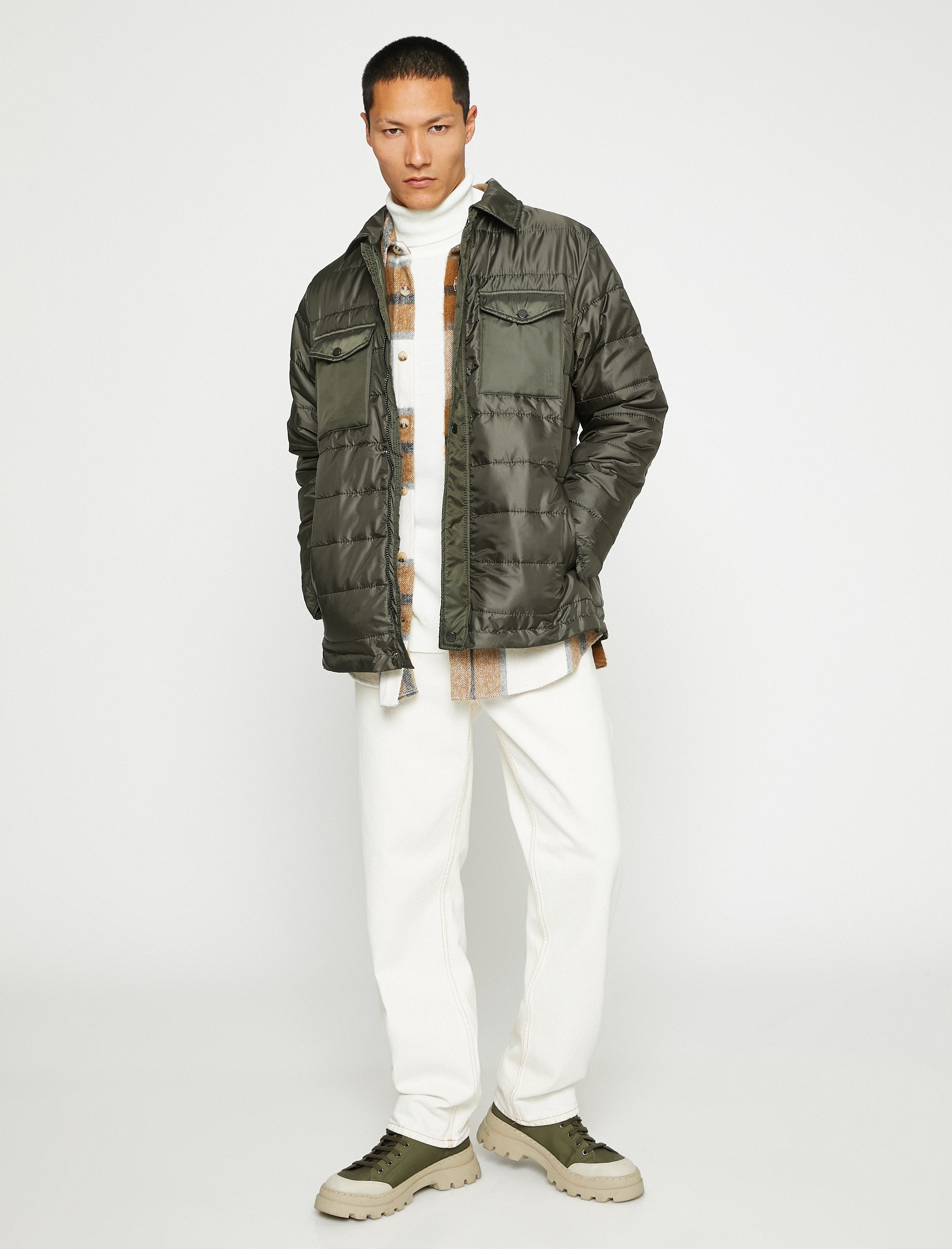Men's Green Quilted Puffer Jacket with Chest Pockets