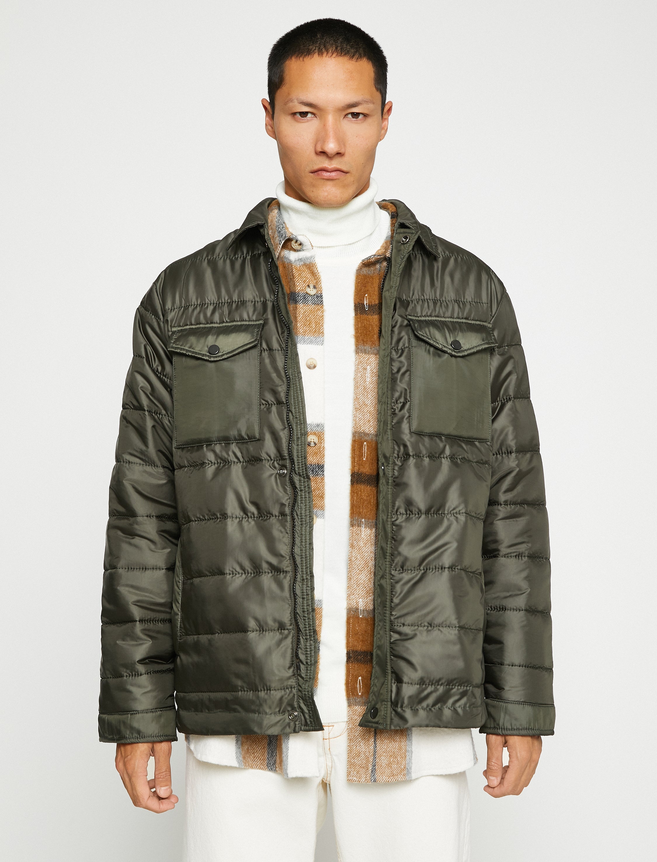 Men's Green Quilted Puffer Jacket with Chest Pockets
