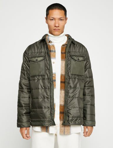 Men's Green Quilted Puffer Jacket with Chest Pockets