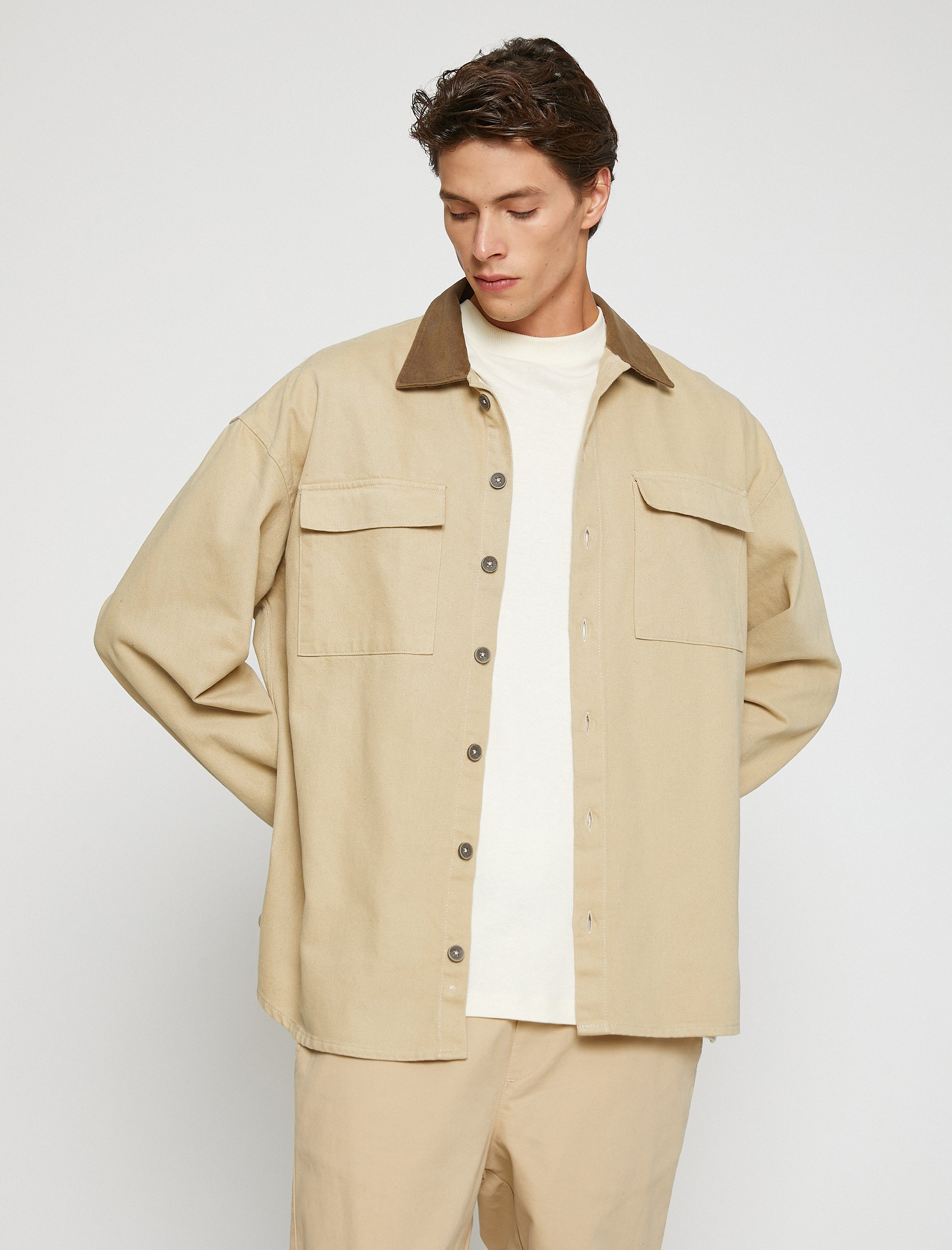 Men's Beige Overshirt Jacket with Contrast Collar