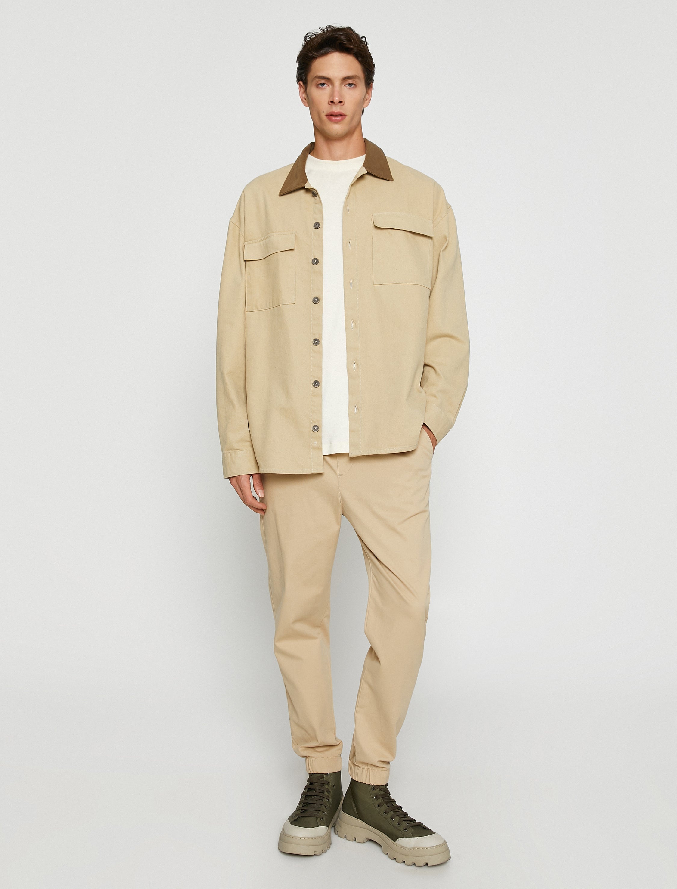 Men's Beige Overshirt Jacket with Contrast Collar