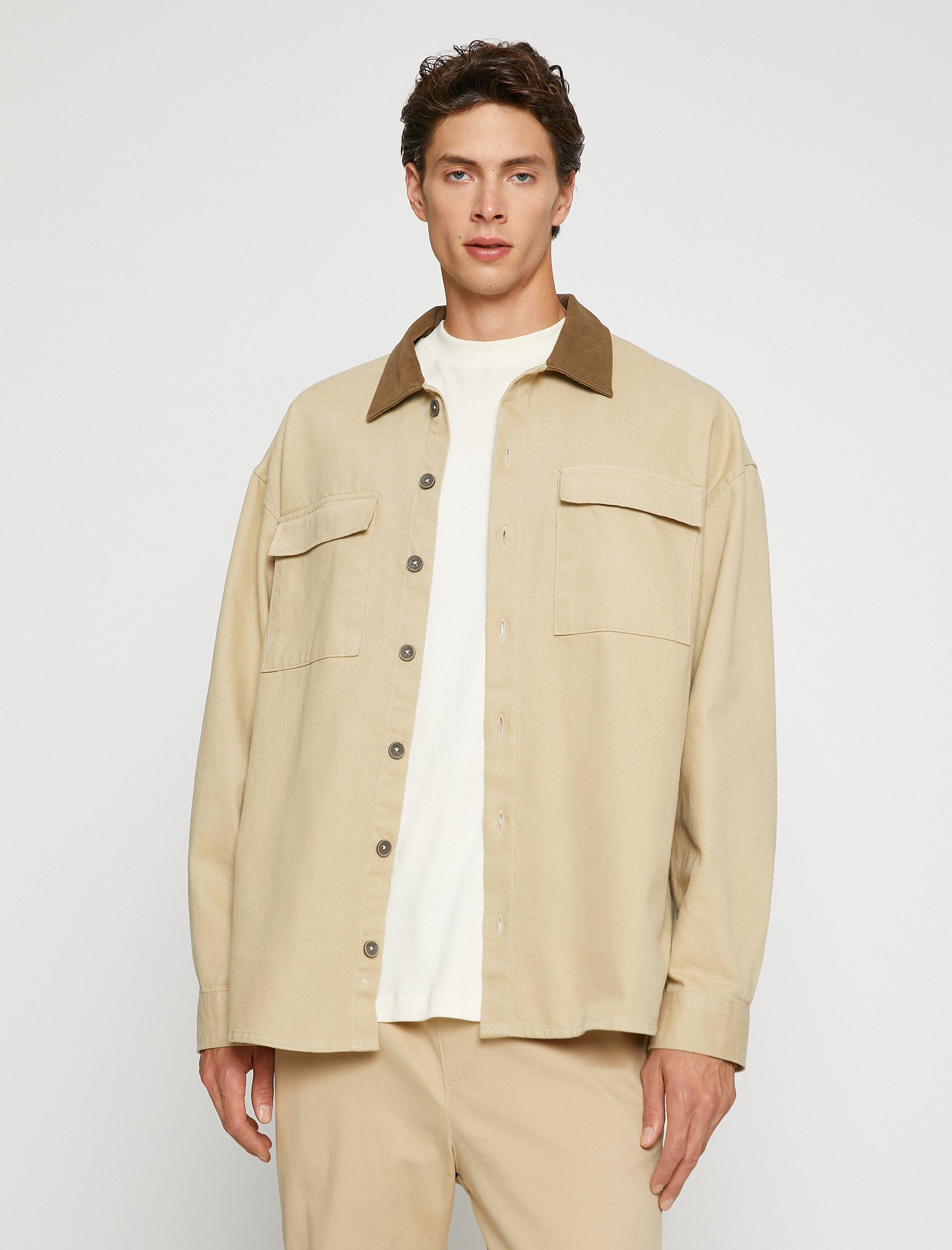 Men's Beige Overshirt Jacket with Contrast Collar