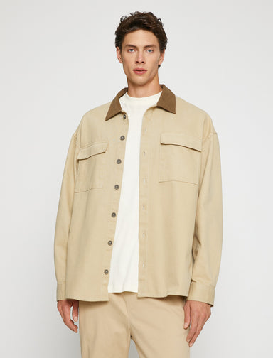 Men's Beige Overshirt Jacket with Contrast Collar