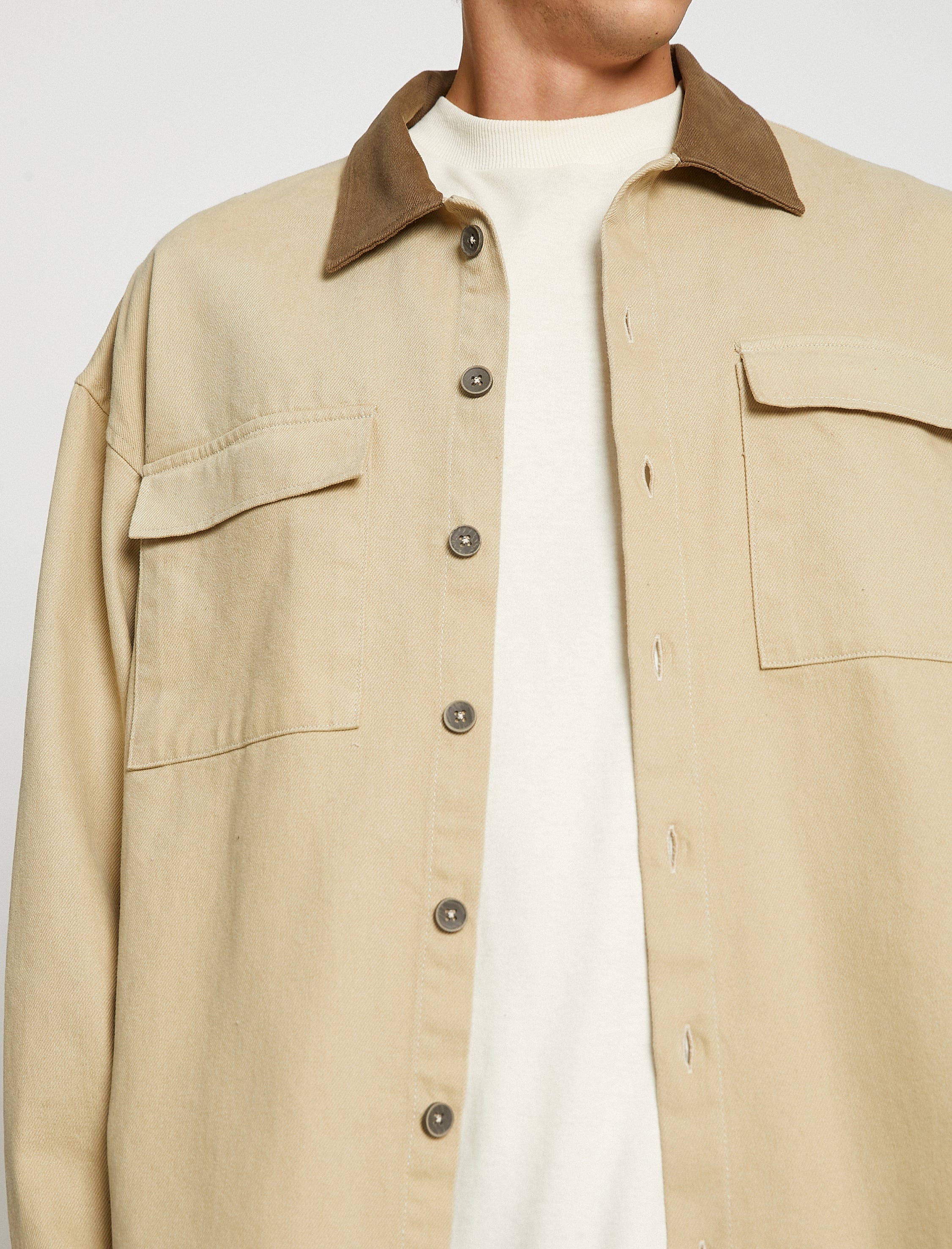 Men's Beige Overshirt Jacket with Contrast Collar