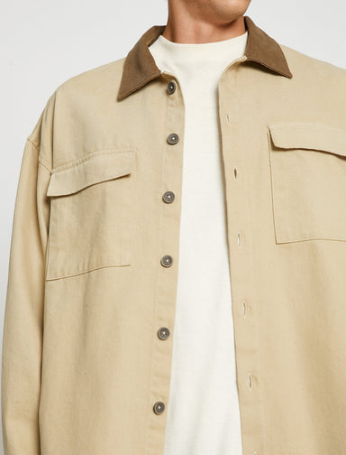 Men's Beige Overshirt Jacket with Contrast Collar