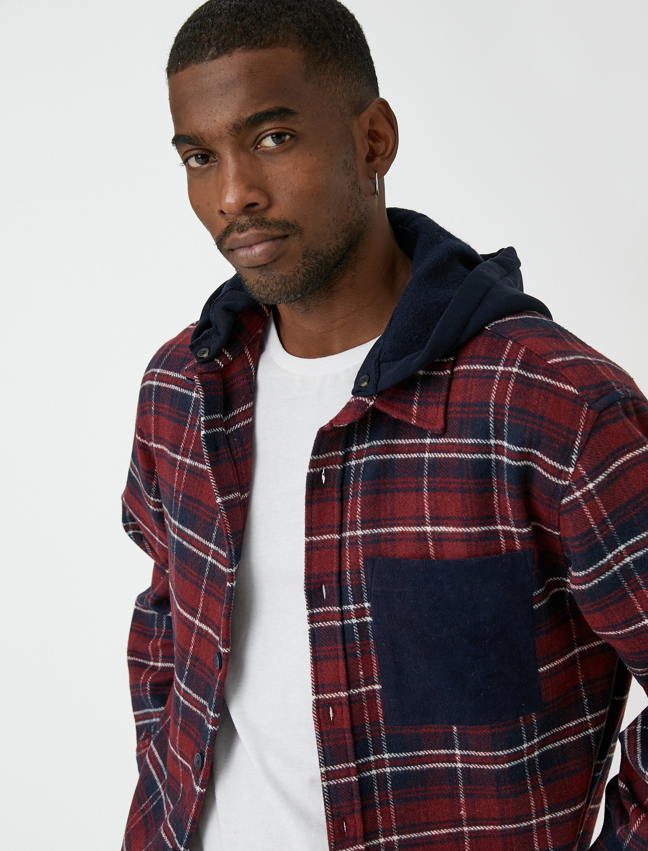 Men's Red Plaid Lumberjack Shirt with Hood and Pocket
