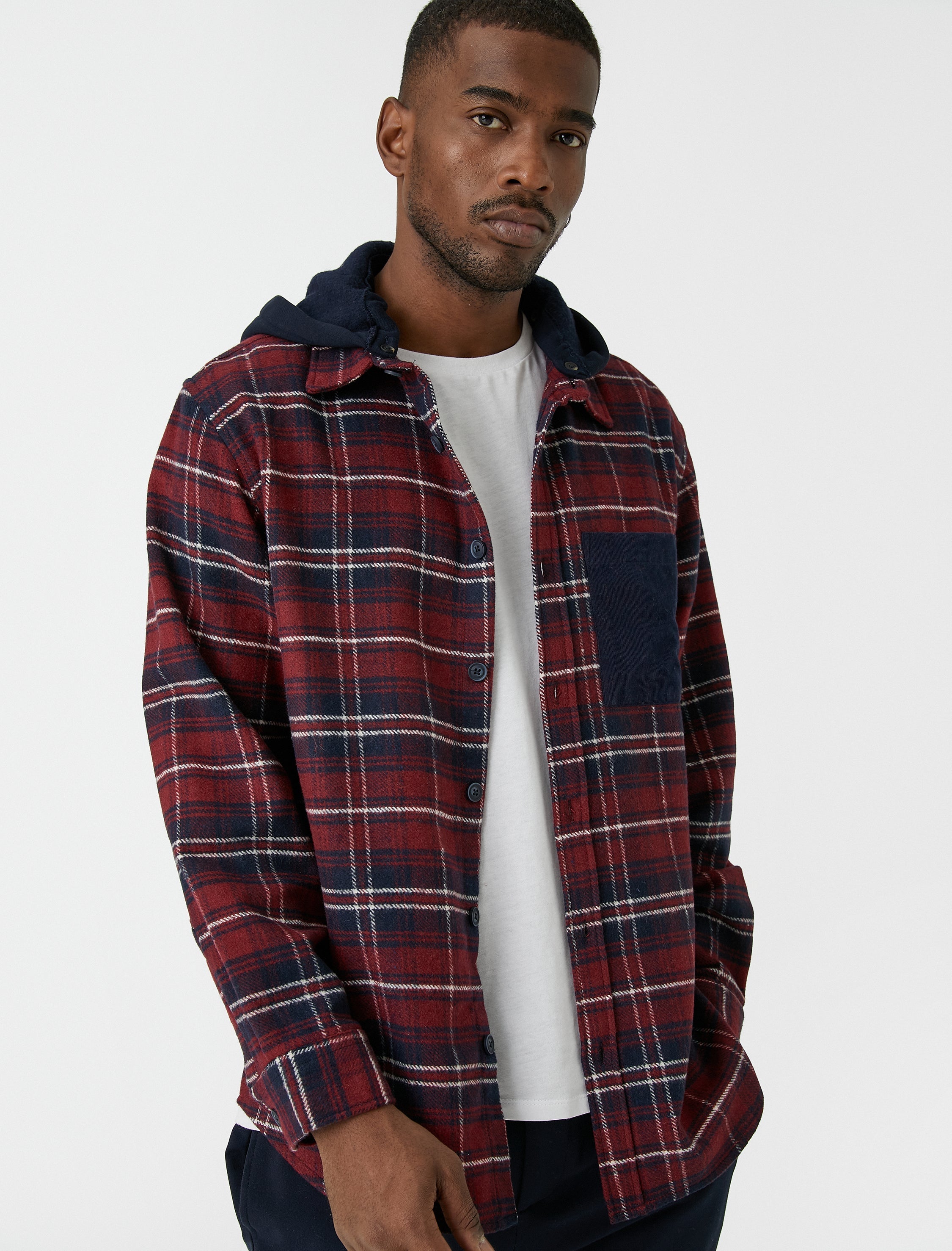 Men's Red Plaid Lumberjack Shirt with Hood and Pocket