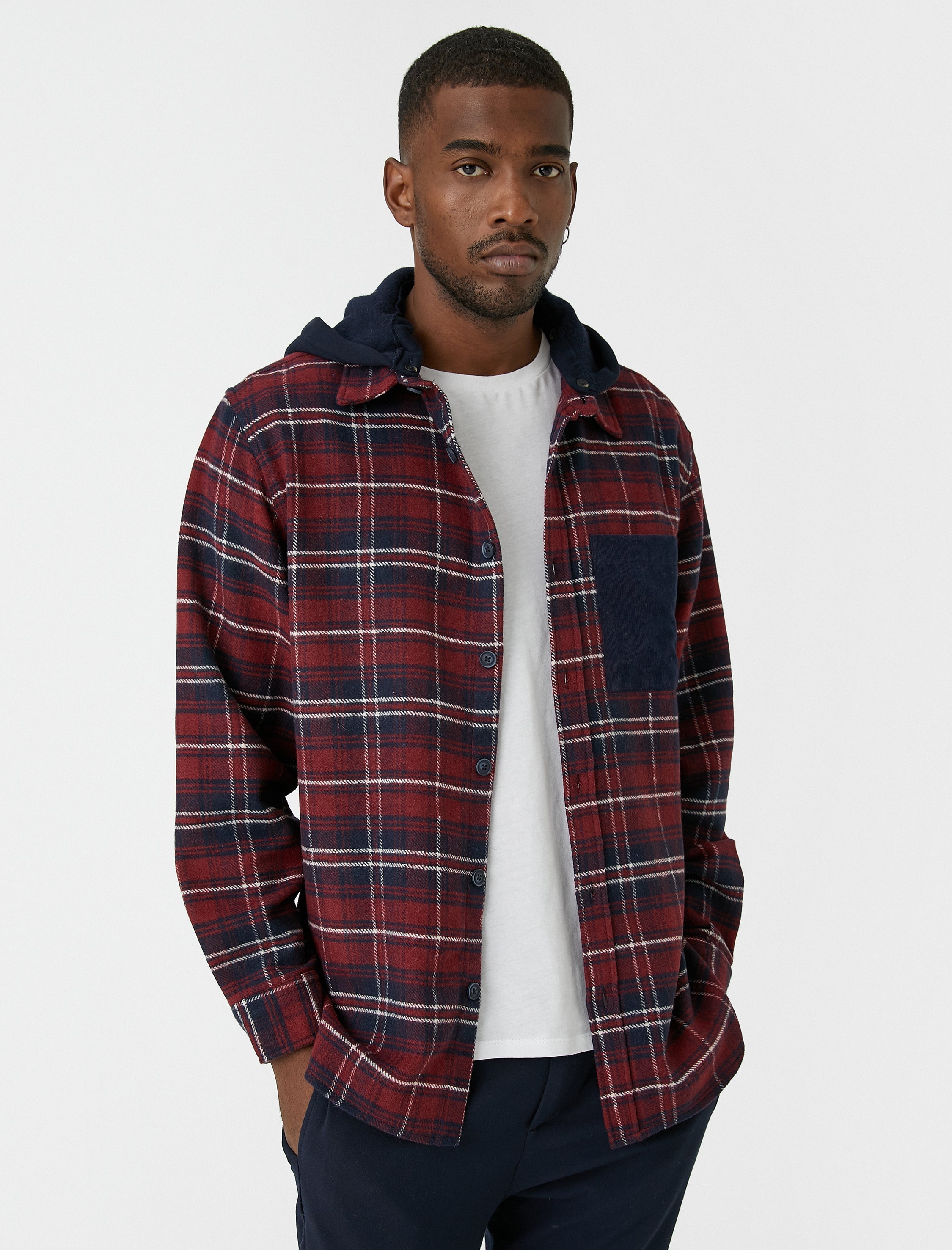 Men's Red Plaid Lumberjack Shirt with Hood and Pocket