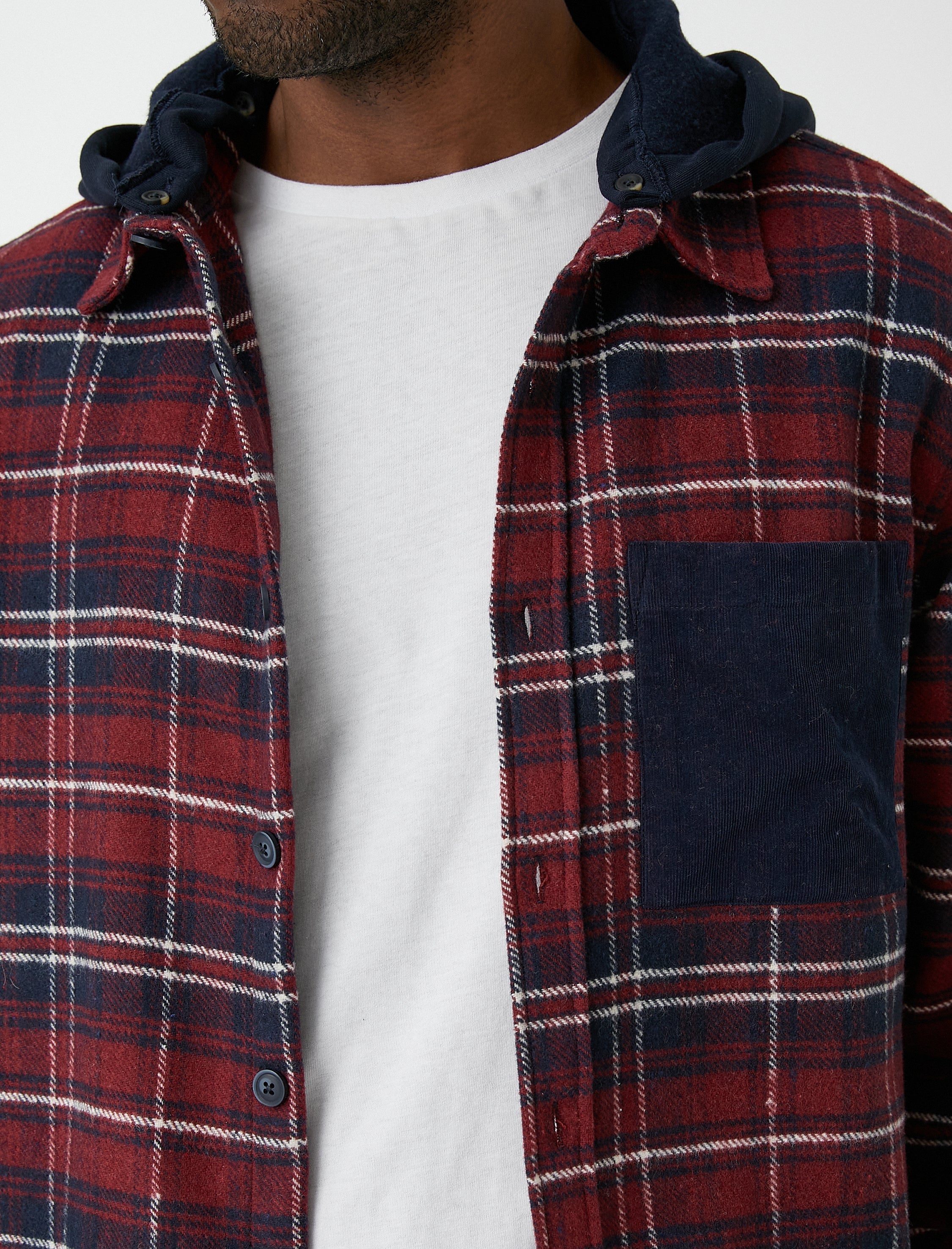 Men's Red Plaid Lumberjack Shirt with Hood and Pocket