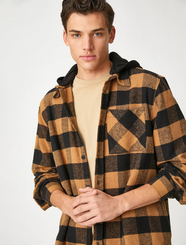 Men's Beige Plaid Lumberjack Shirt with Hood and Pocket
