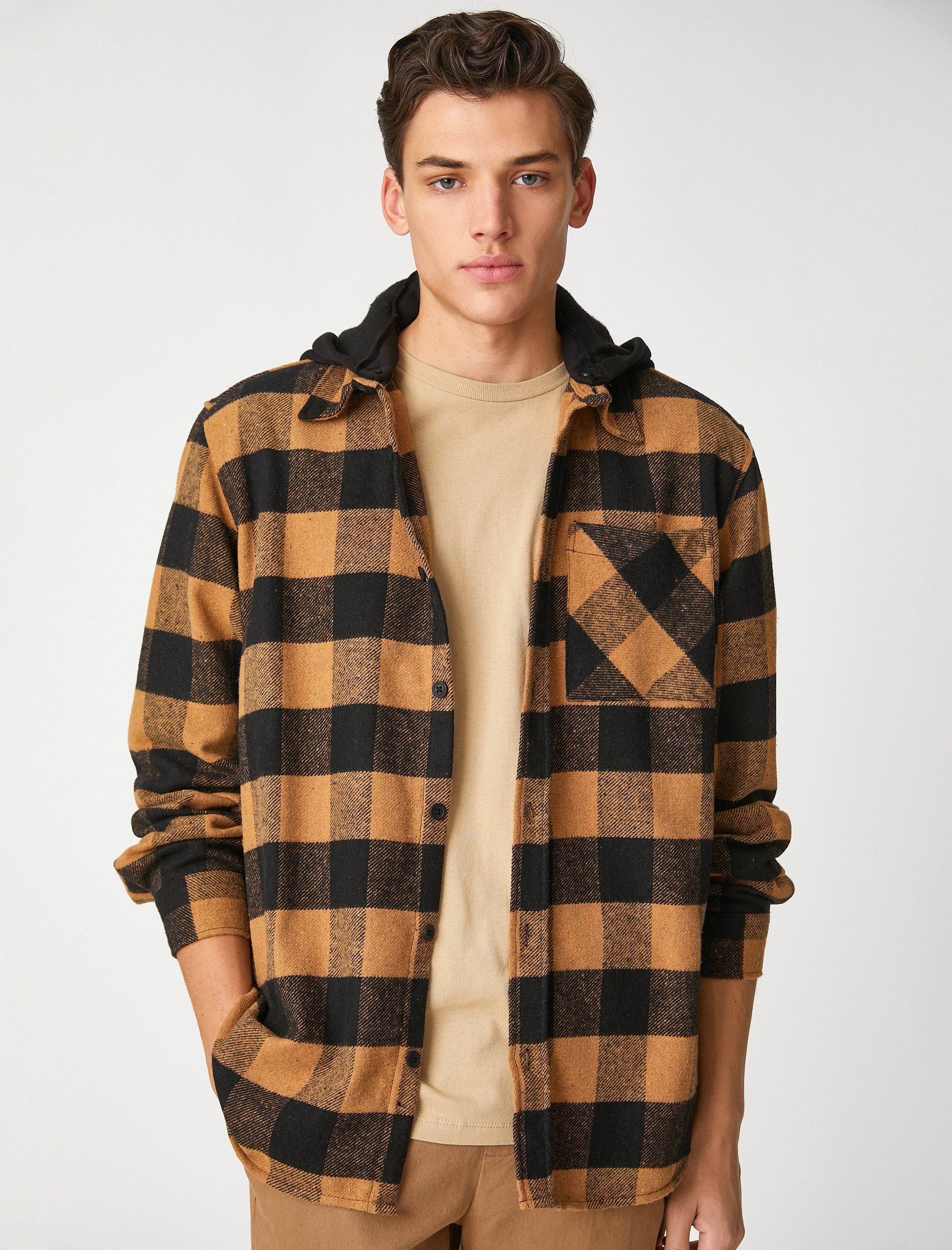 Men's Beige Plaid Lumberjack Shirt with Hood and Pocket