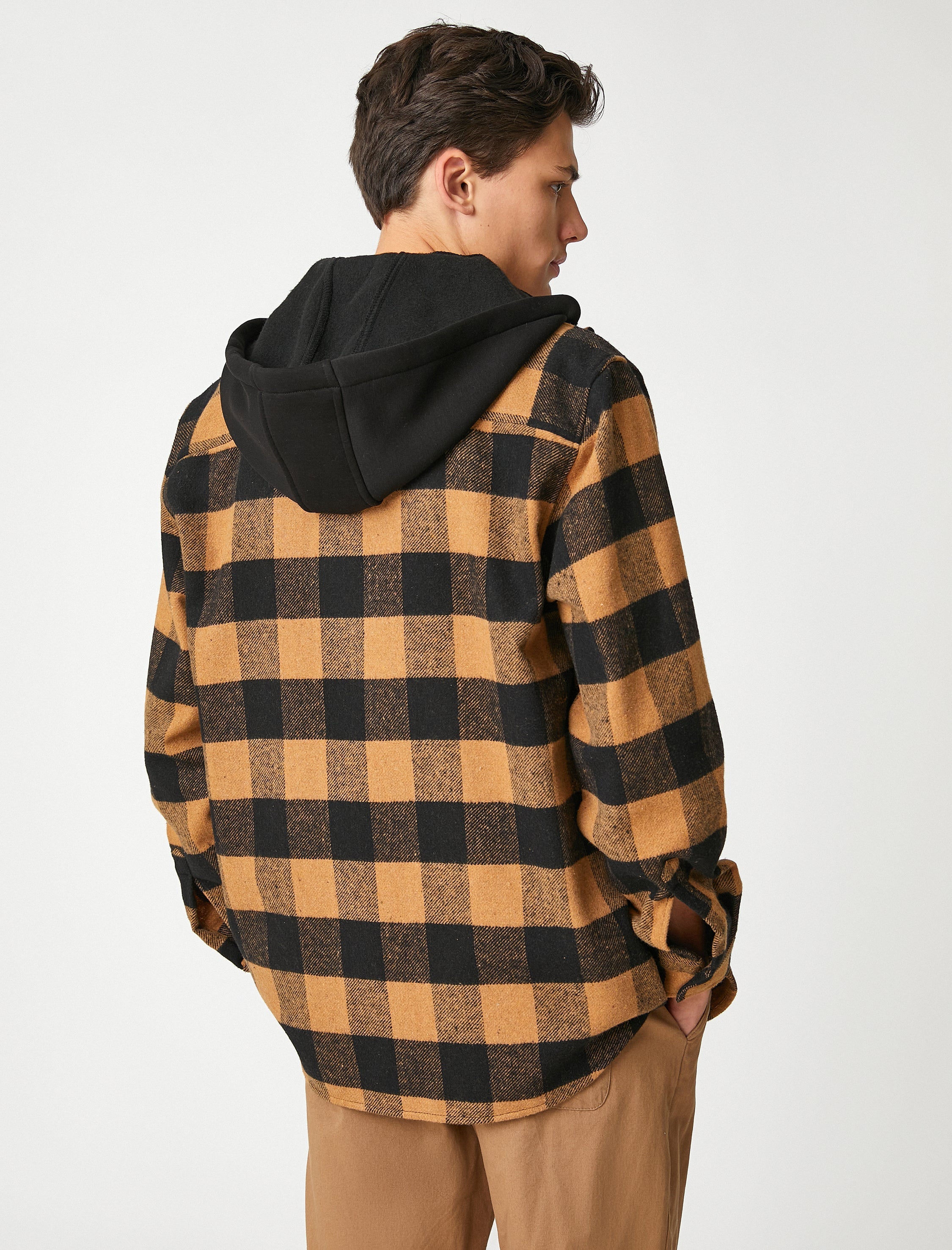 Men's Beige Plaid Lumberjack Shirt with Hood and Pocket