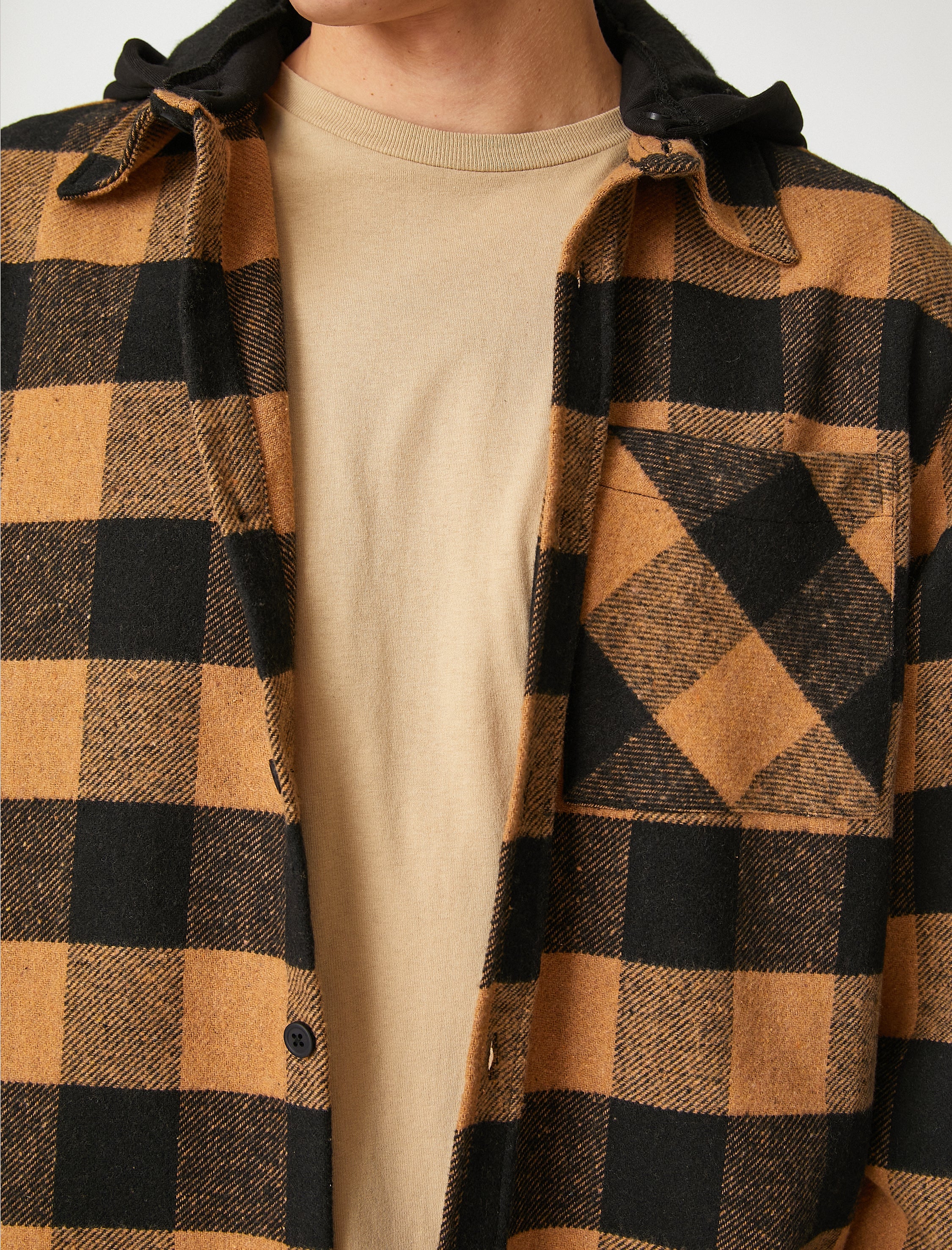 Men's Beige Plaid Lumberjack Shirt with Hood and Pocket
