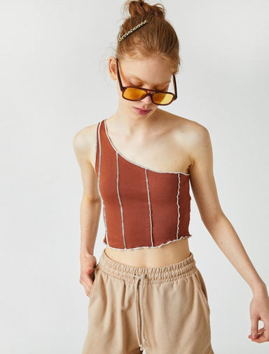Asymmetrical Exposed Seam Top in Brown - Usolo Outfitters-KOTON