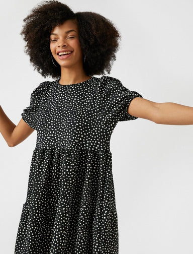 Mini robe étagée à manches ballon en imprimé noir - Usolo Outfitters-KOTON
