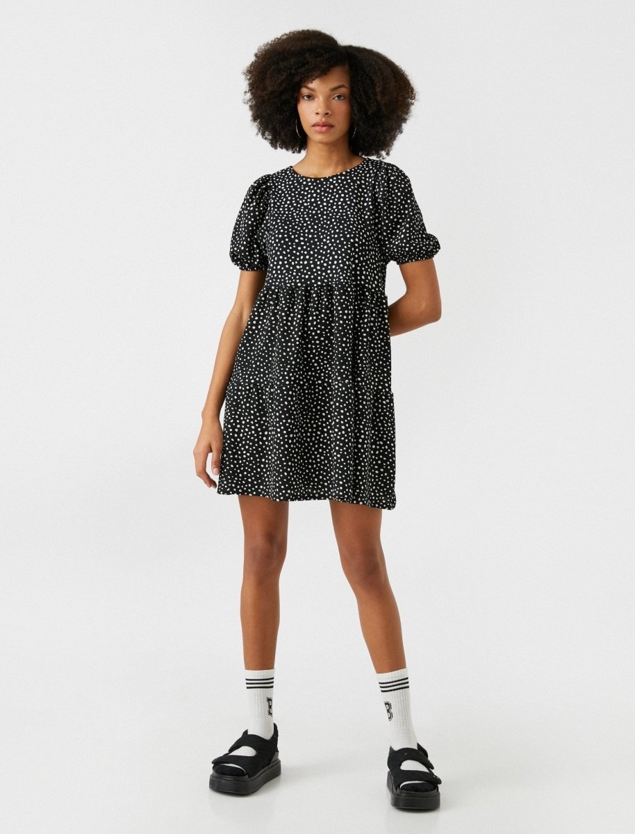 Balloon Sleeve Tiered Mini Dress in Black Print - Usolo Outfitters-KOTON