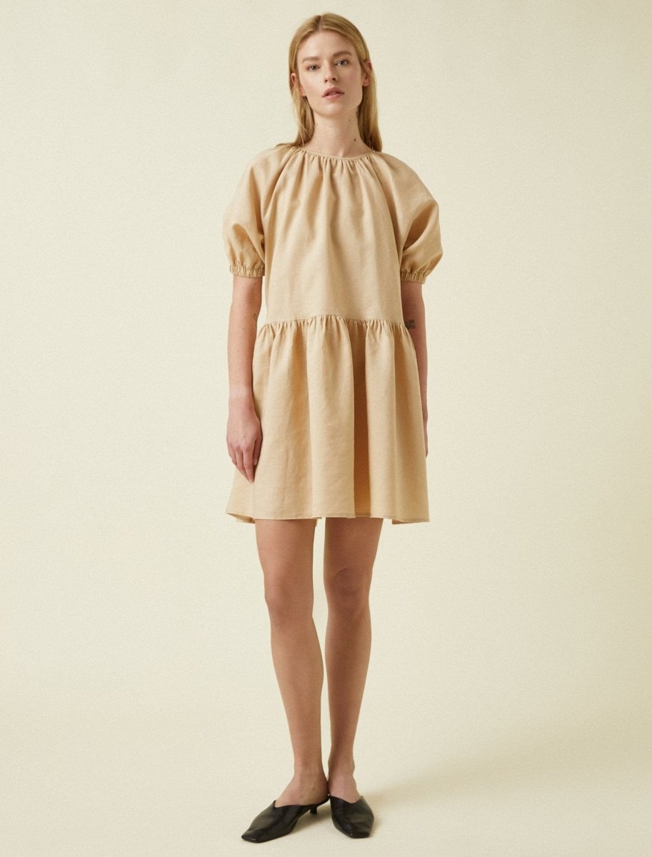 Balloon-Sleeved Mini Dress in Camel - Usolo Outfitters-KOTON