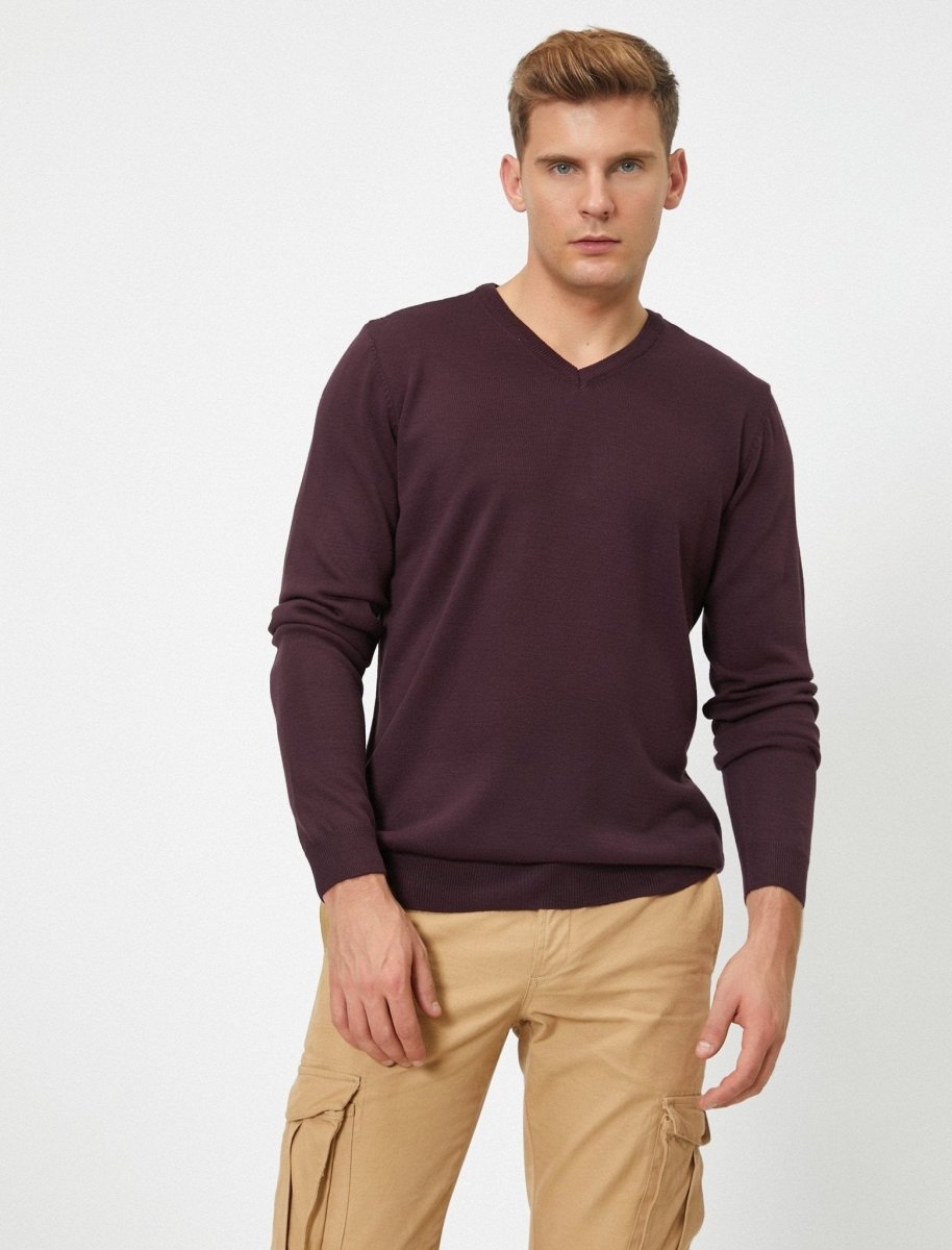 Basic V Neck Sweater in Plum - Usolo Outfitters-KOTON