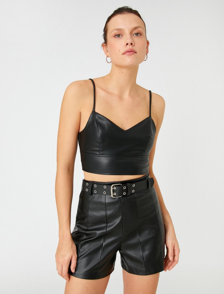 Black Faux Leather Corset Top - Usolo Outfitters-KOTON