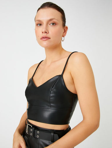 Haut corset en similicuir noir - Usolo Outfitters-KOTON