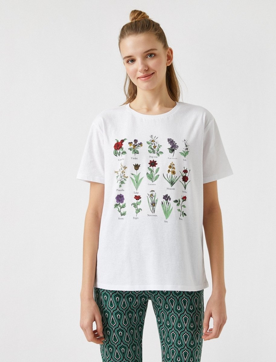Botanical Graphic T-Shirt in White - Usolo Outfitters-KOTON