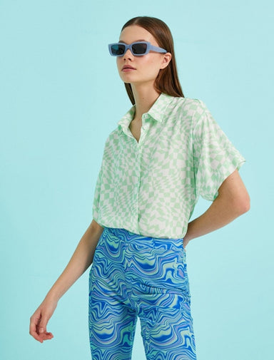 Chemise boutonnée courte carrée à carreaux verts - Usolo Outfitters-KOTON