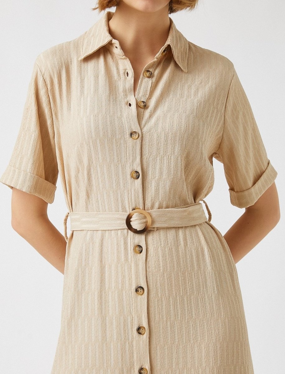 Button Front Belted Shirt Dress in Beige Button Front Belted Shirt Dress in Beige